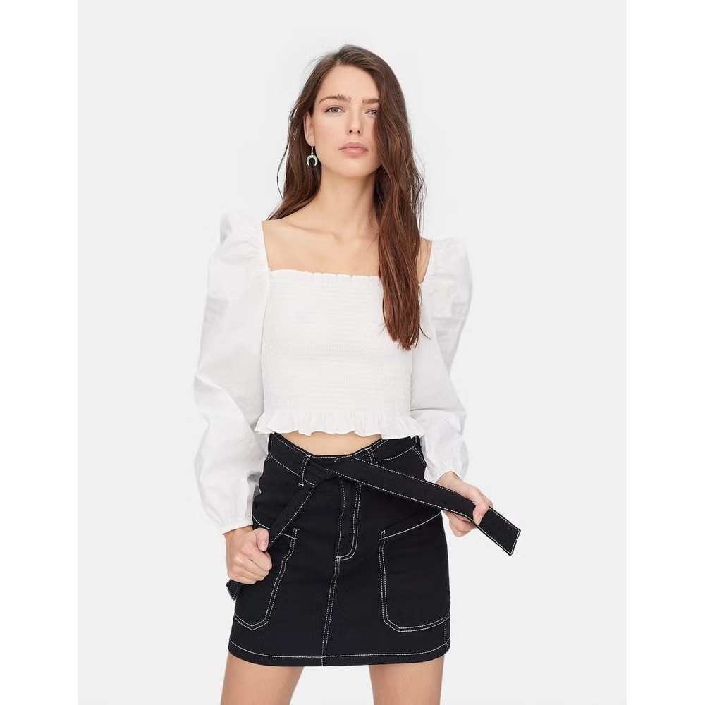 STRADIVARIUS White Smocked‎ Square Neck Puff Sleeve Crop Top